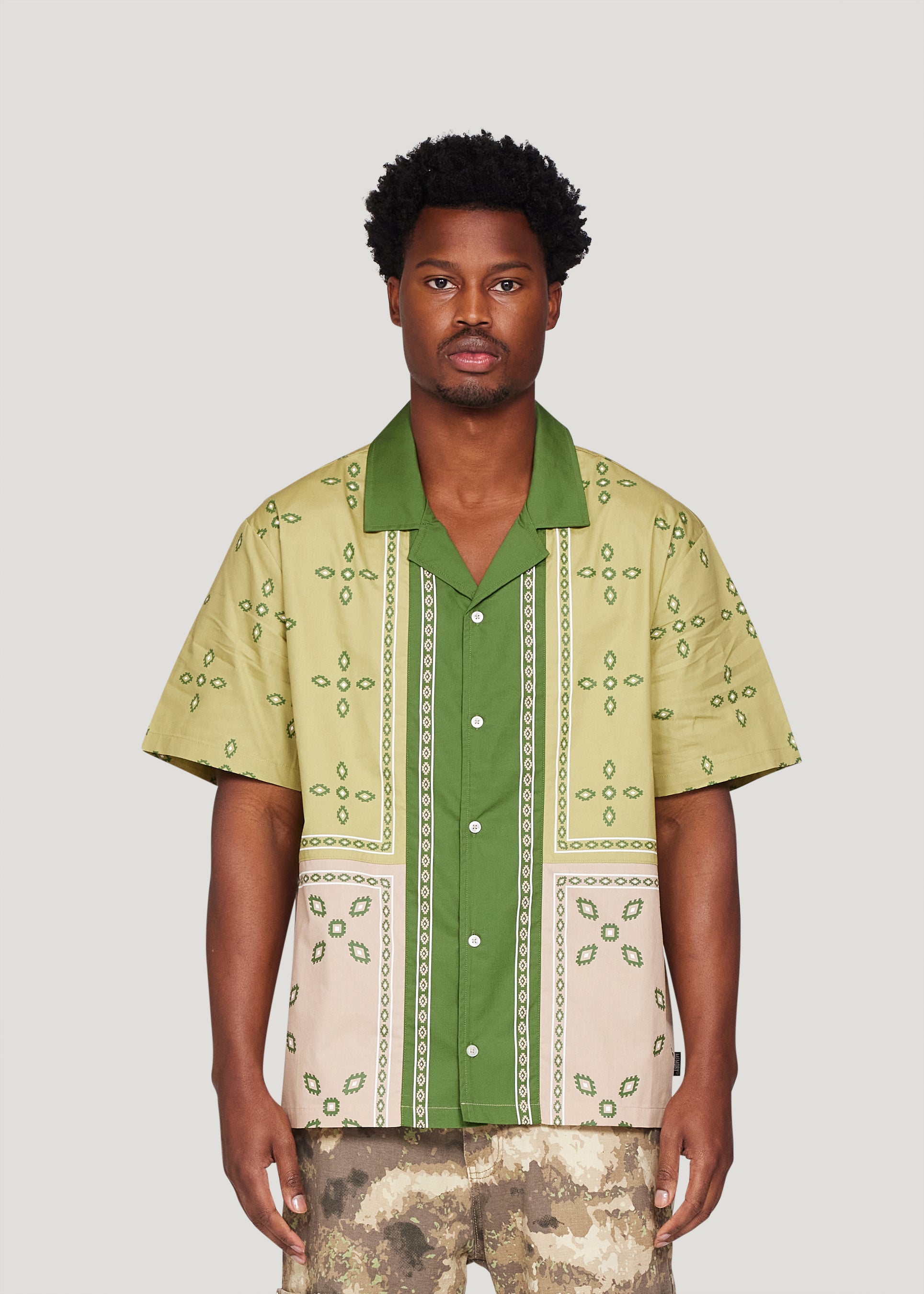 Patch Work Short Sleeve Button-Down (Khaki)