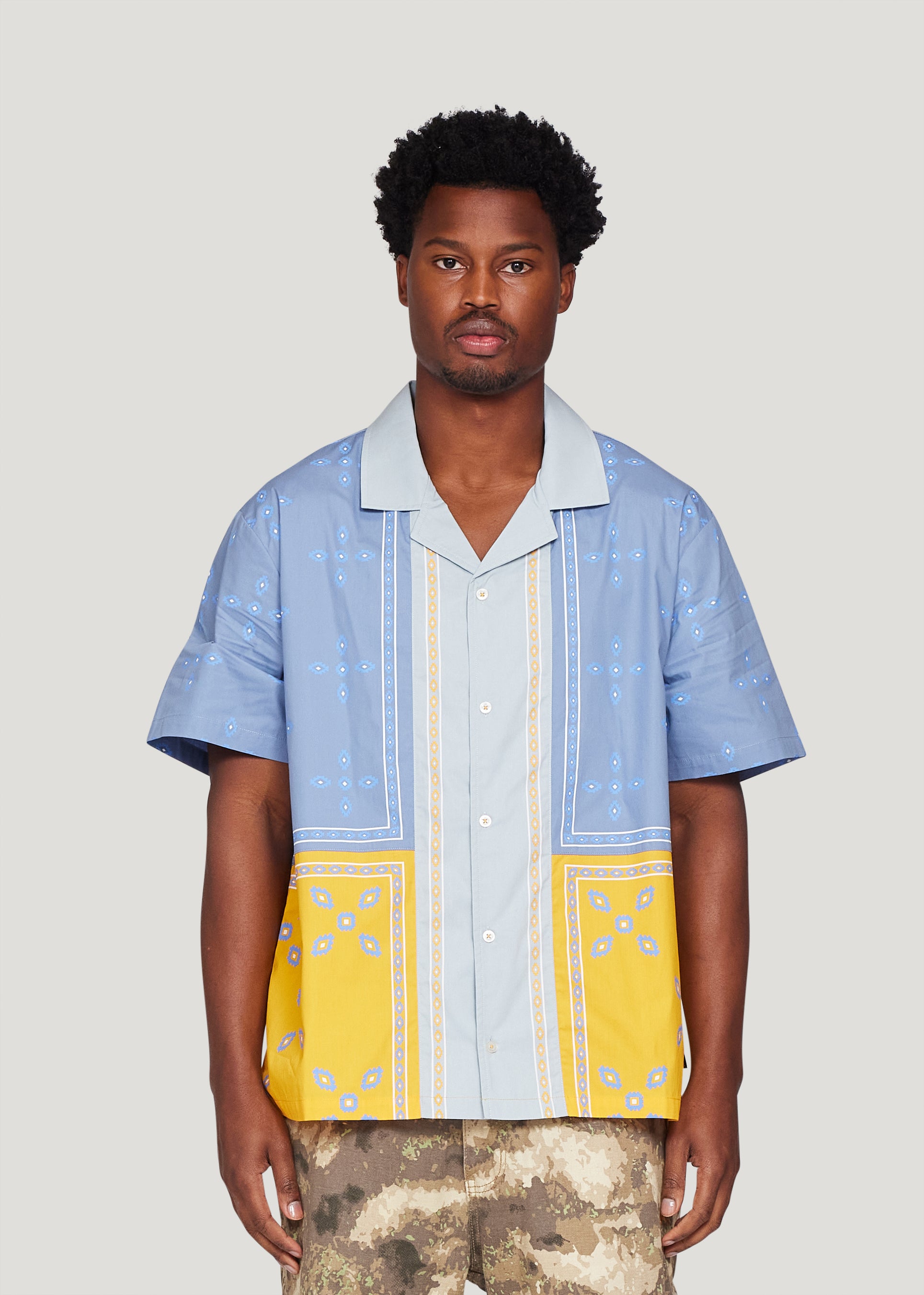 Patch Work Short Sleeve Button-Down (Light Blue)