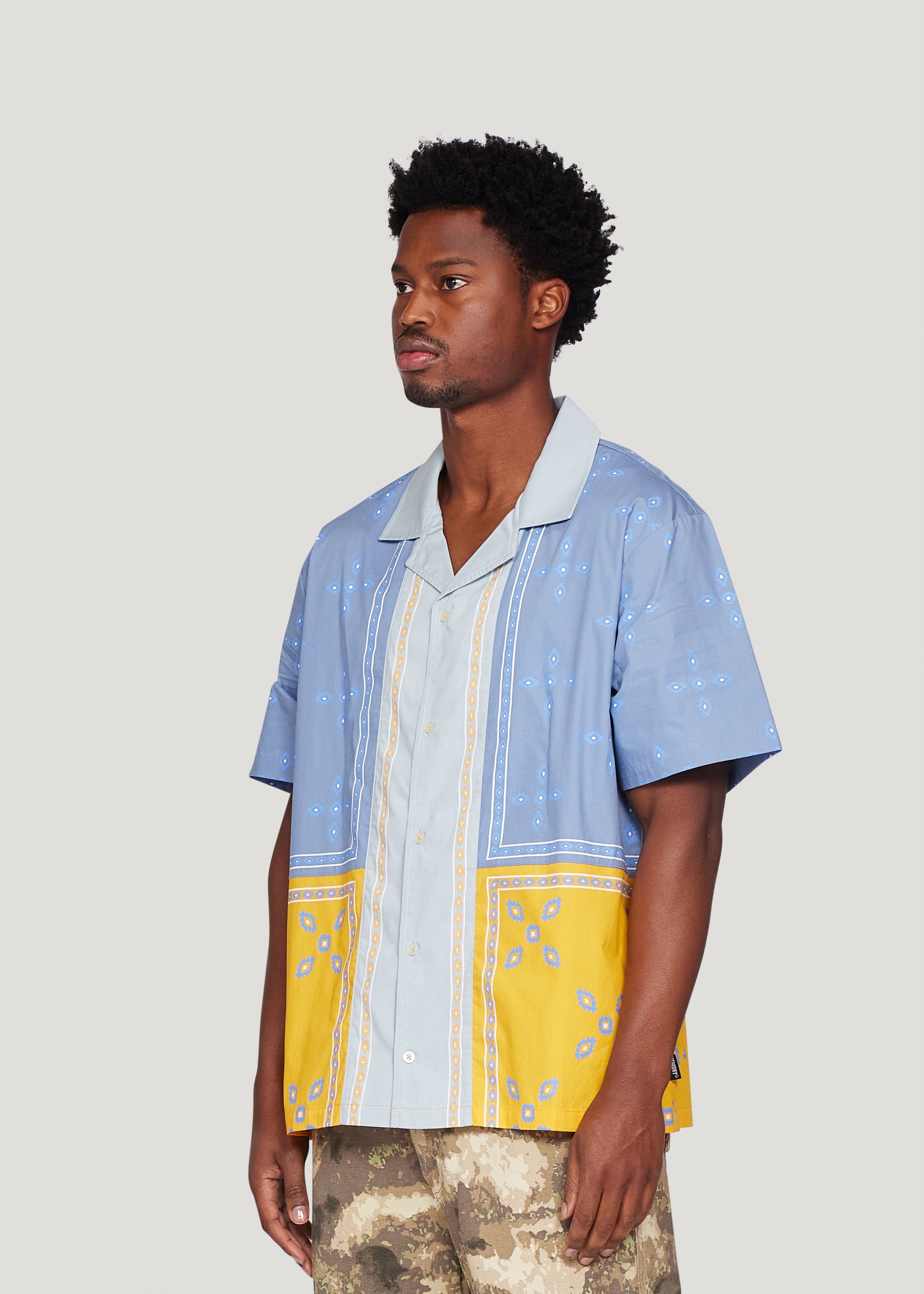 Patch Work Short Sleeve Button-Down (Light Blue)
