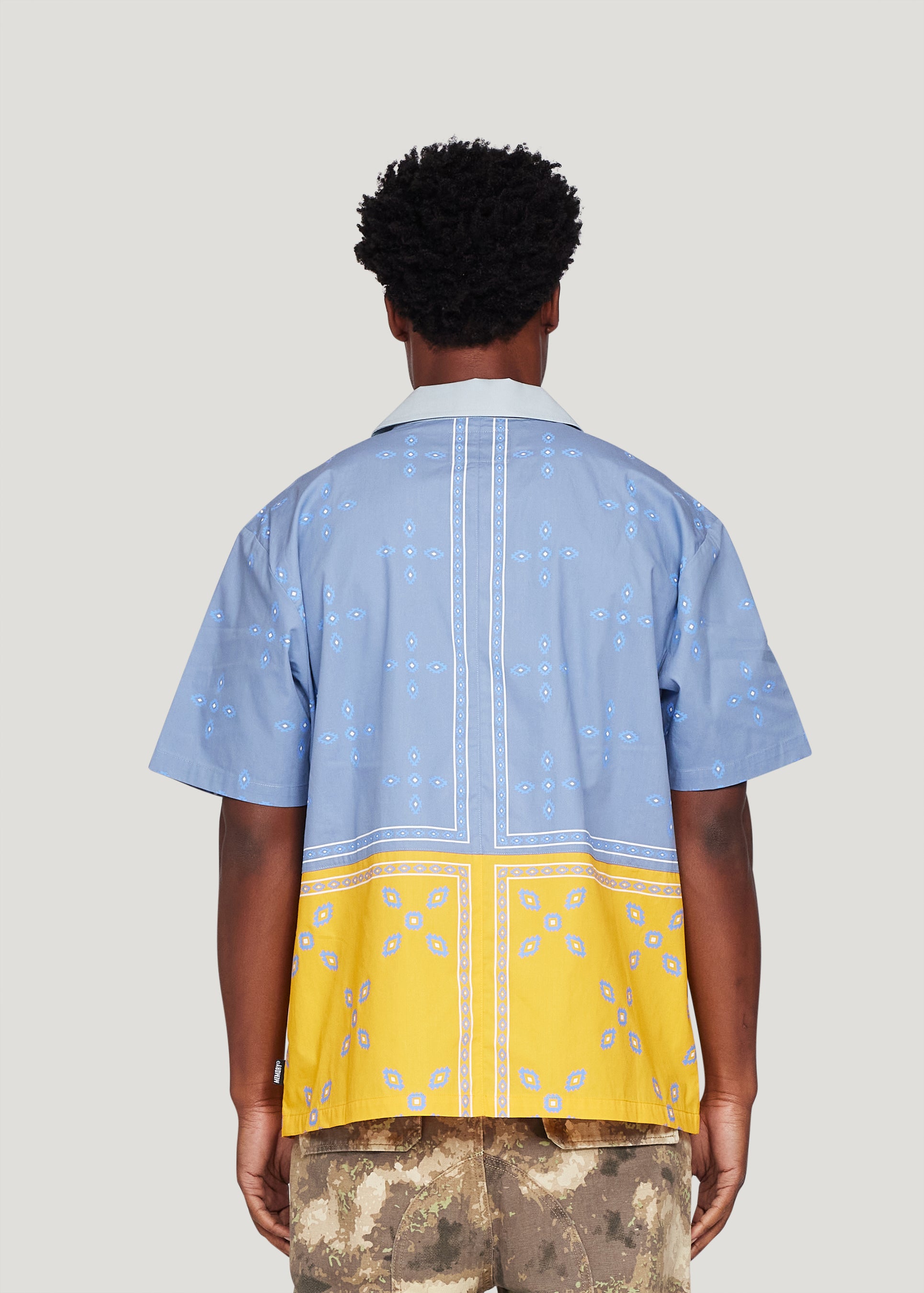 Patch Work Short Sleeve Button-Down (Light Blue)