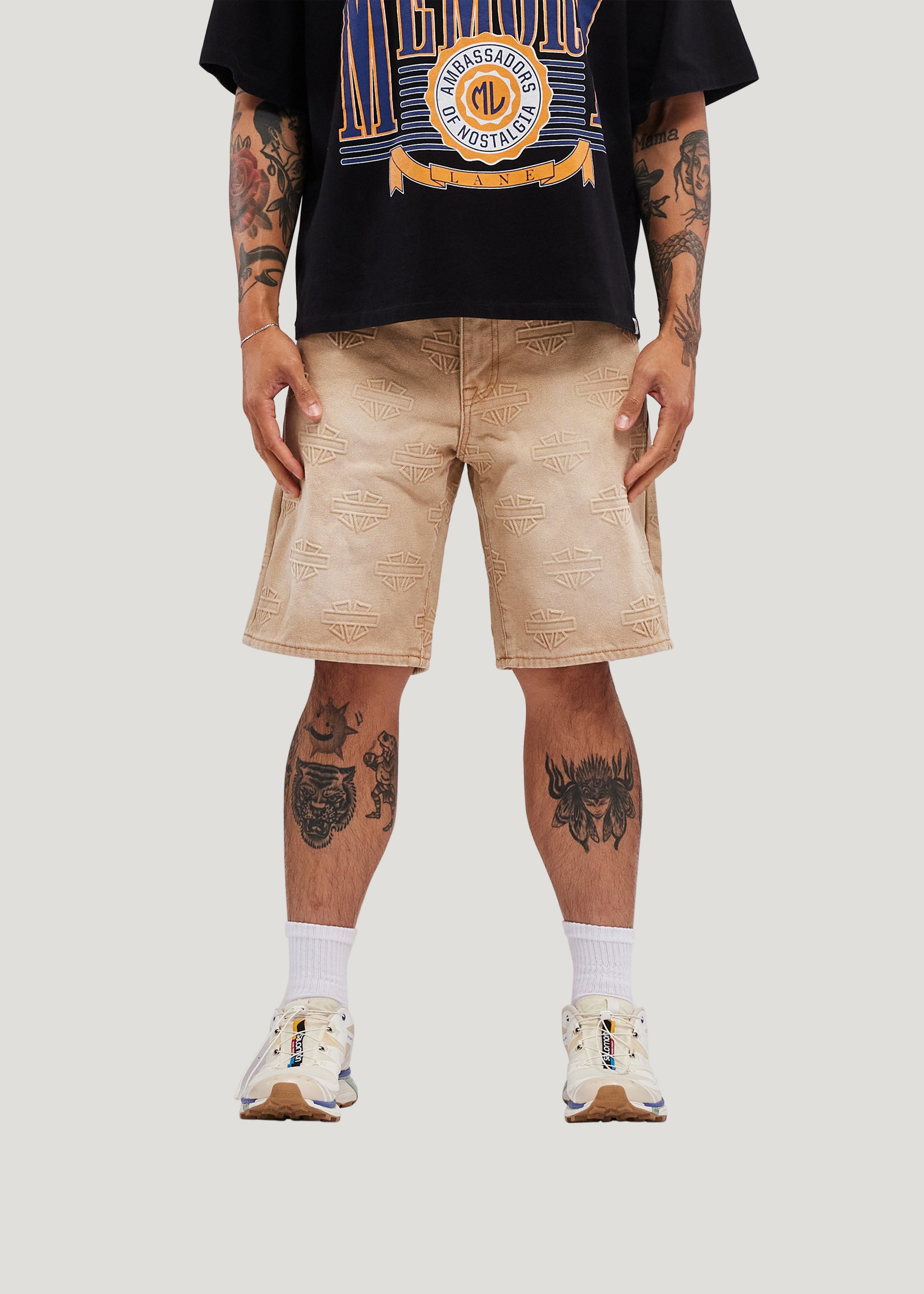 M Shield Debossed Pattern Denim Shorts (Dark Brown)