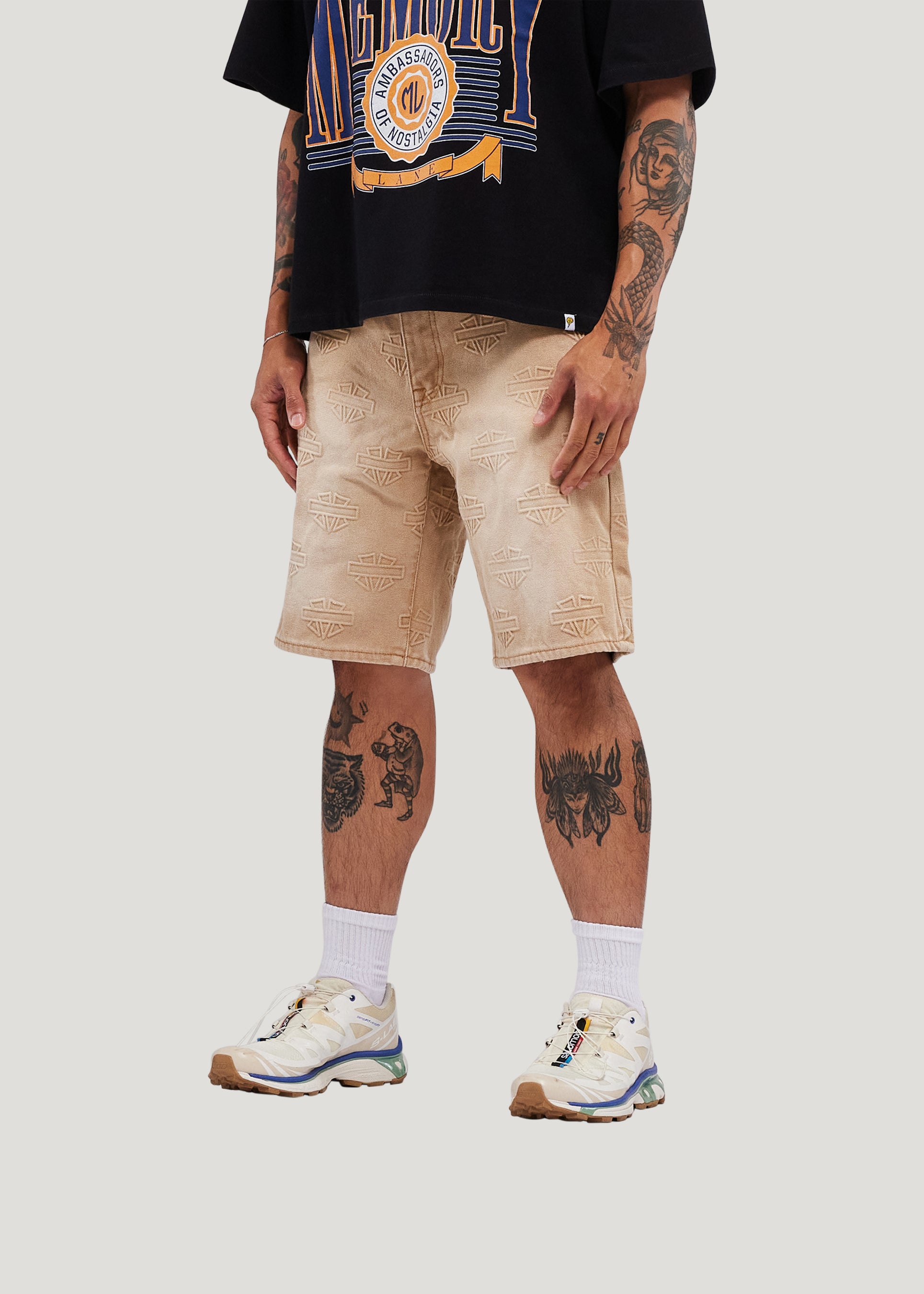 M Shield Debossed Pattern Denim Shorts (Dark Brown)