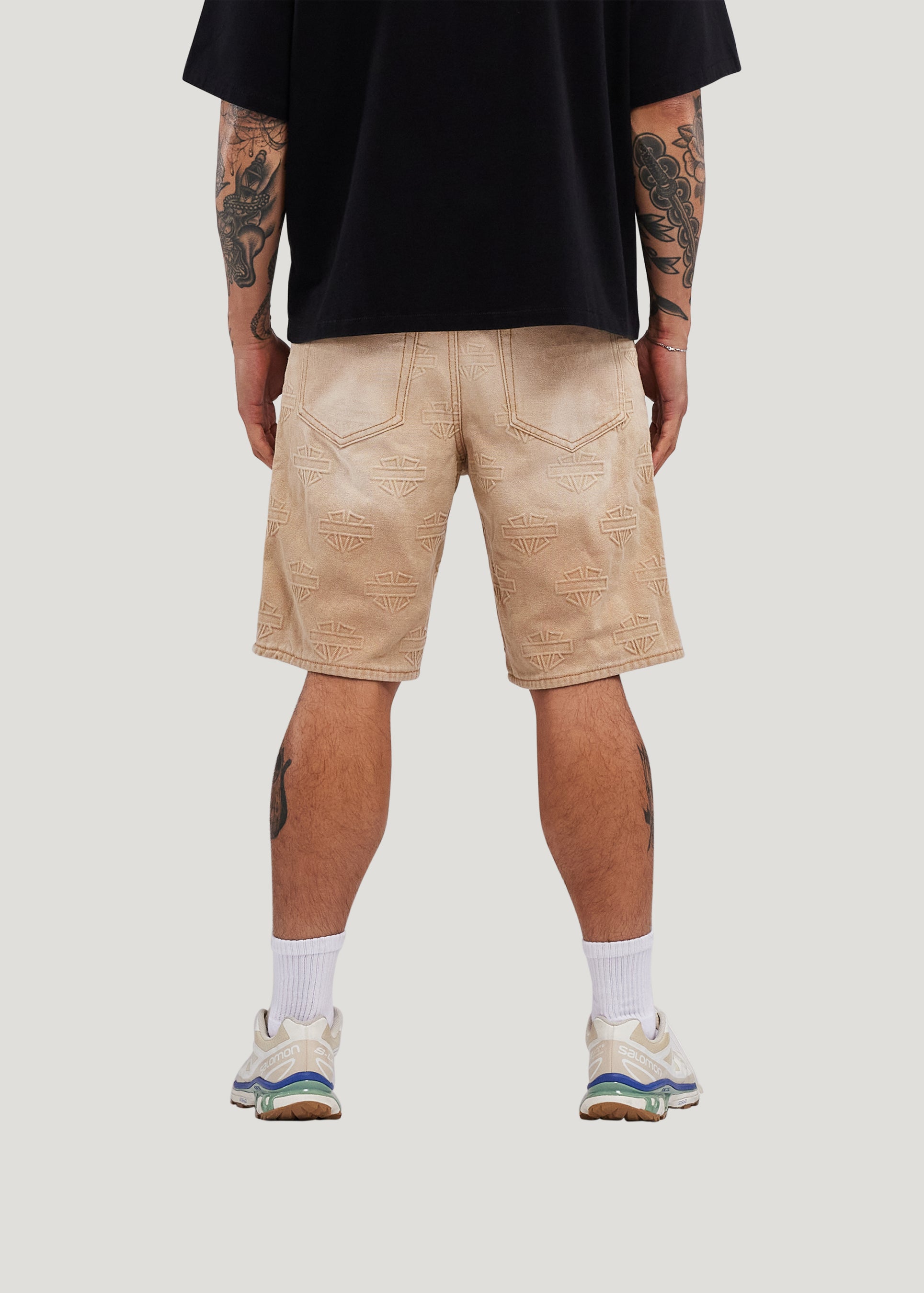 M Shield Debossed Pattern Denim Shorts (Dark Brown)