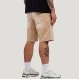 M Shield Debossed Pattern Denim Shorts (Dark Brown)