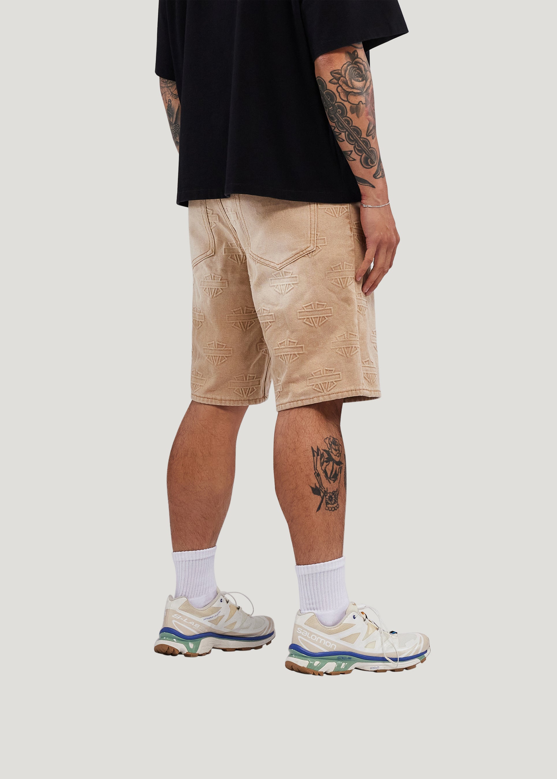 M Shield Debossed Pattern Denim Shorts (Dark Brown)