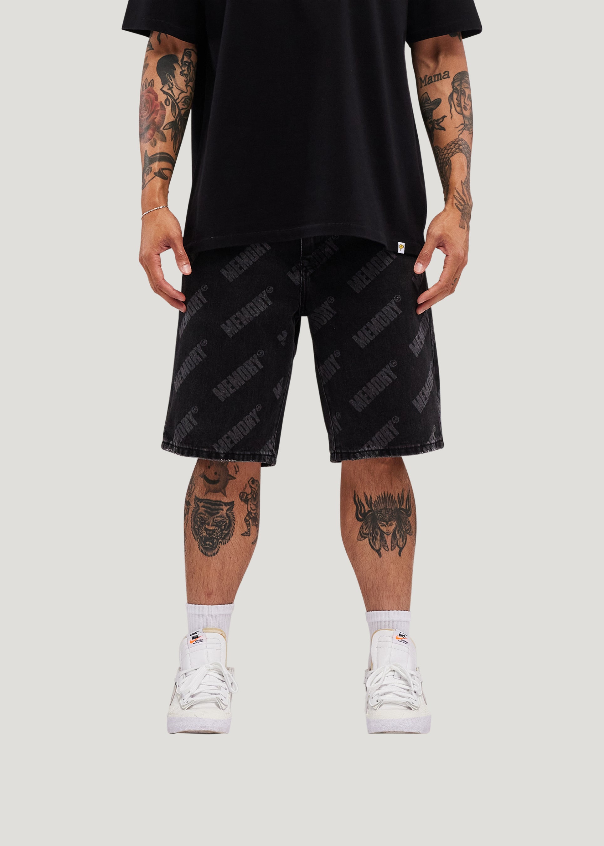 Repeat Core Logo Baggy Denim Shorts (Black Rinse)