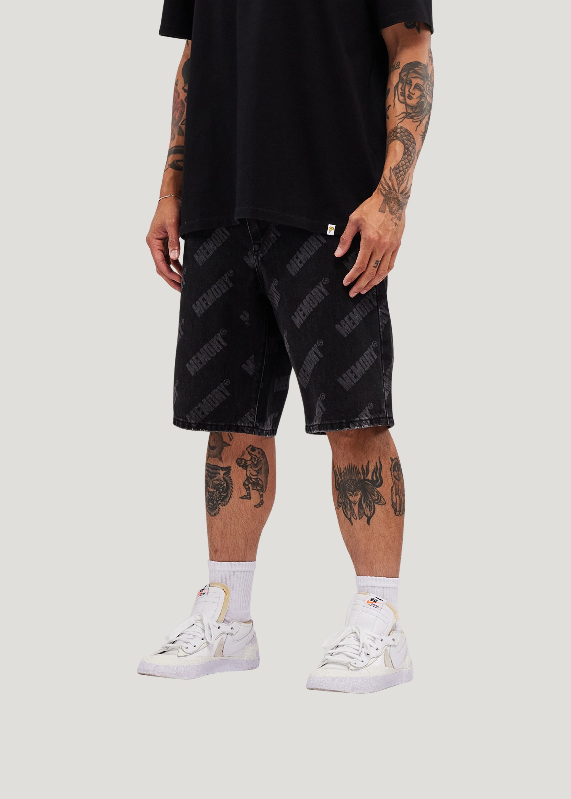 Repeat Core Logo Baggy Denim Shorts (Black Rinse)