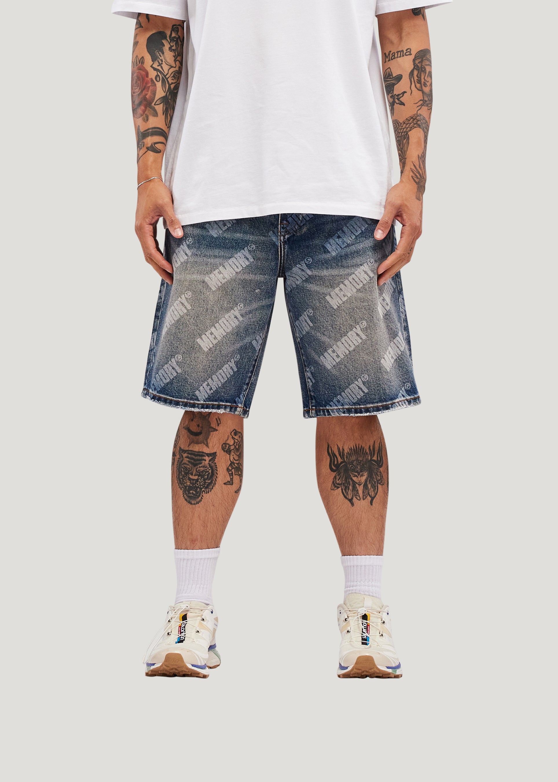 Repeat Core Logo Baggy Denim Shorts (Dark Rinse)