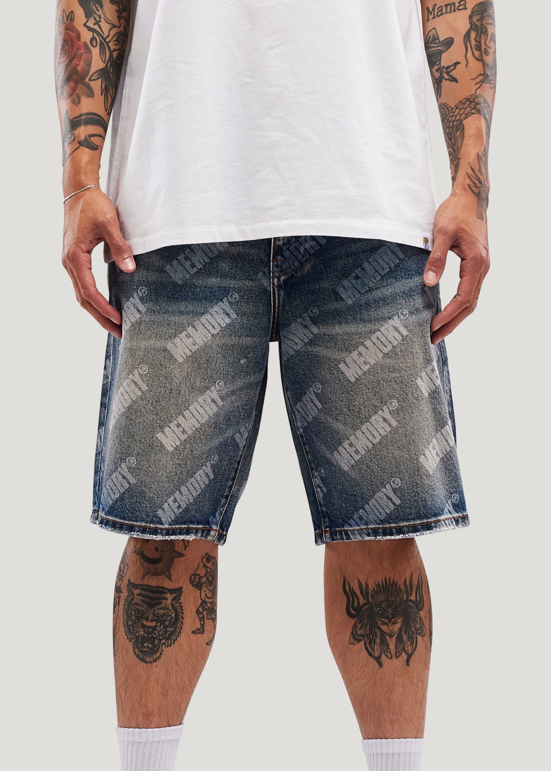 Repeat Core Logo Baggy Denim Shorts (Dark Rinse)