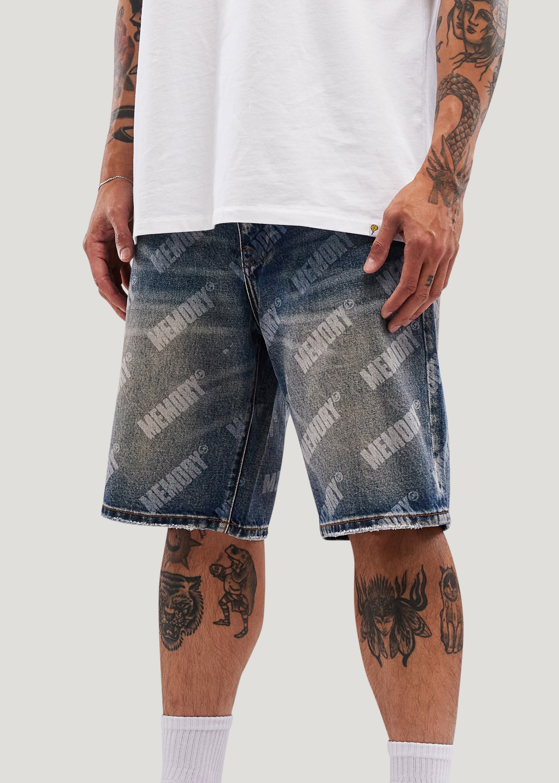 Repeat Core Logo Baggy Denim Shorts (Dark Rinse)