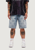 M Shield Debossed Pattern Denim Shorts (Light Blue)
