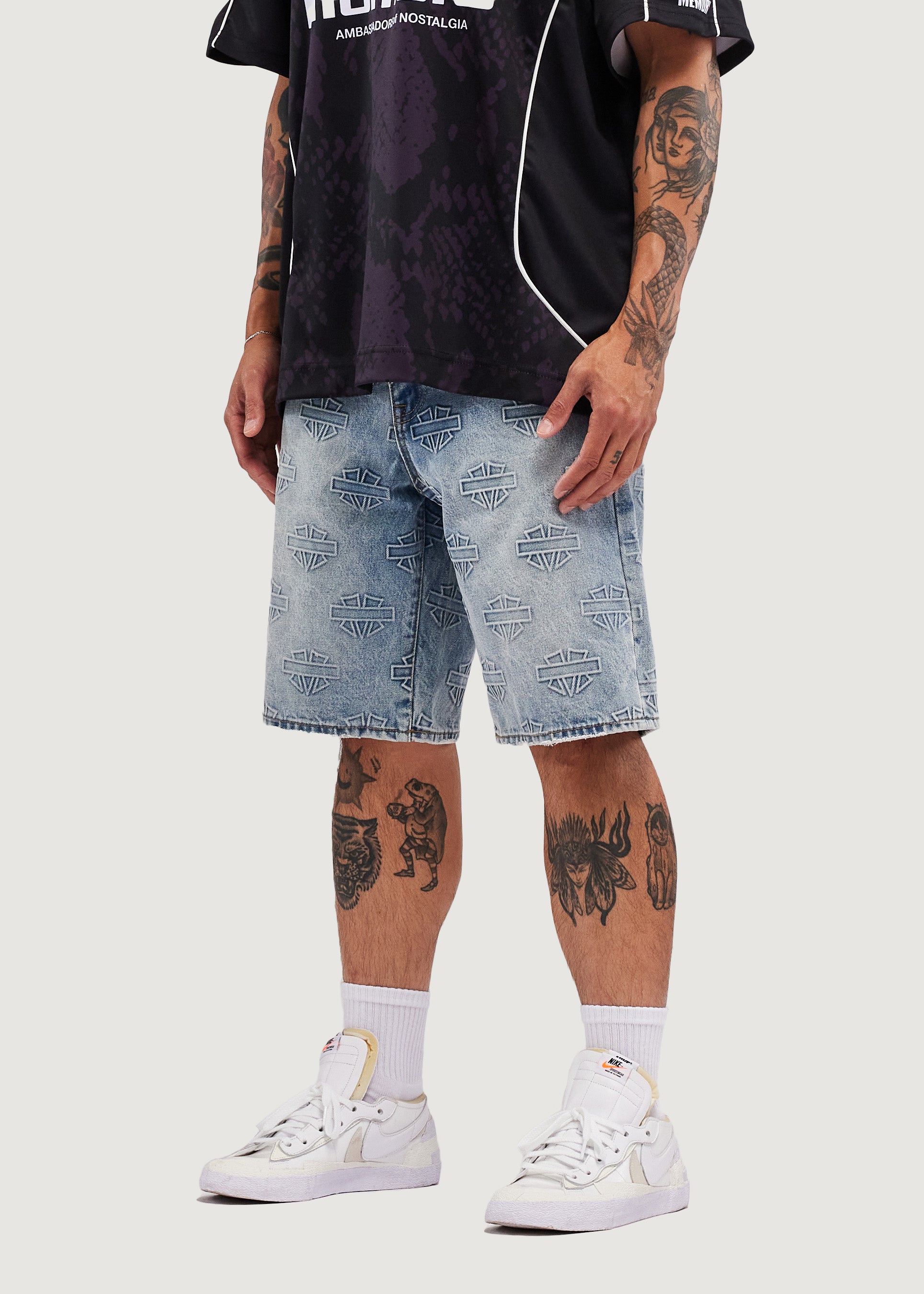 M Shield Debossed Pattern Denim Shorts (Light Blue)