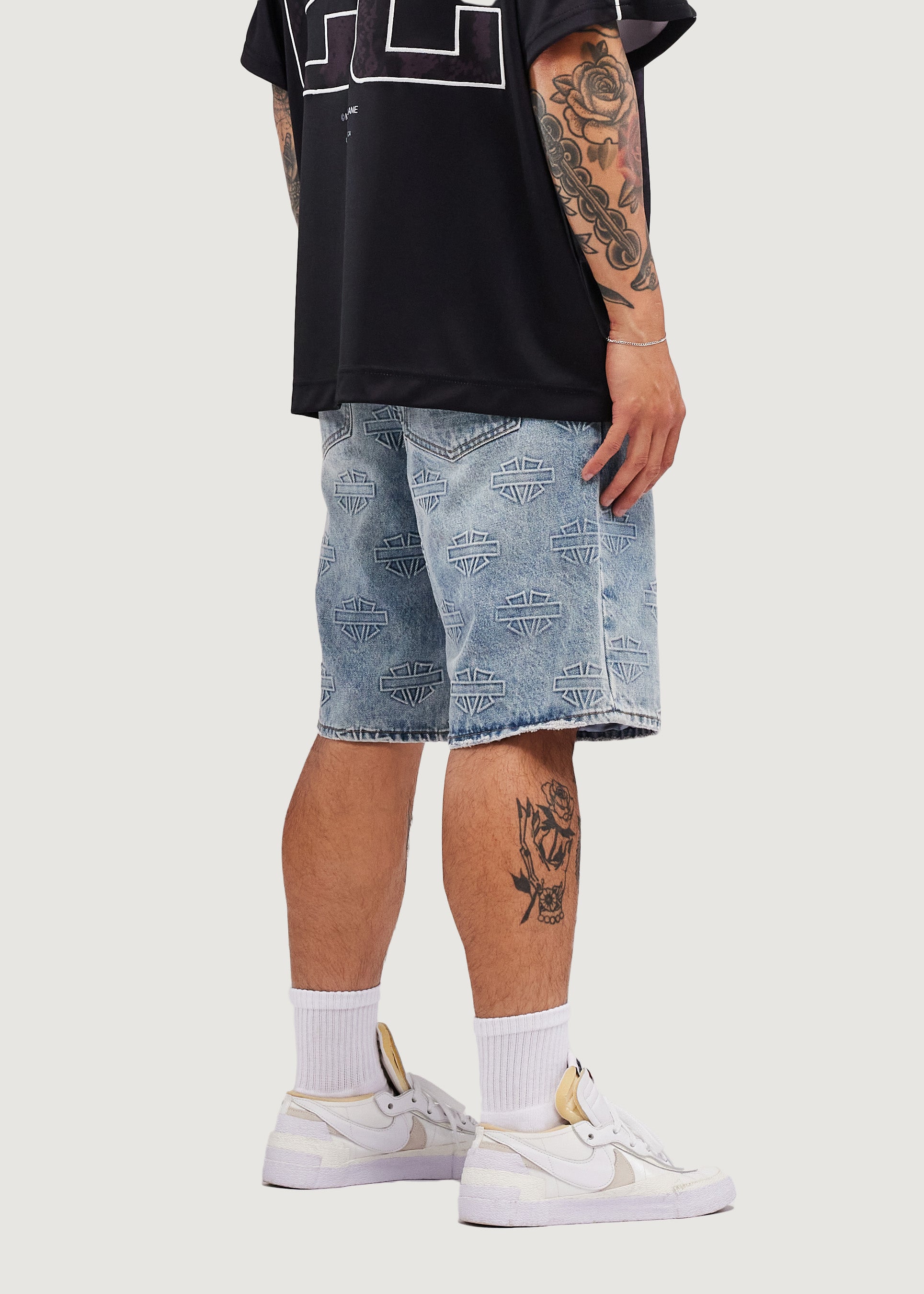 M Shield Debossed Pattern Denim Shorts (Light Blue)