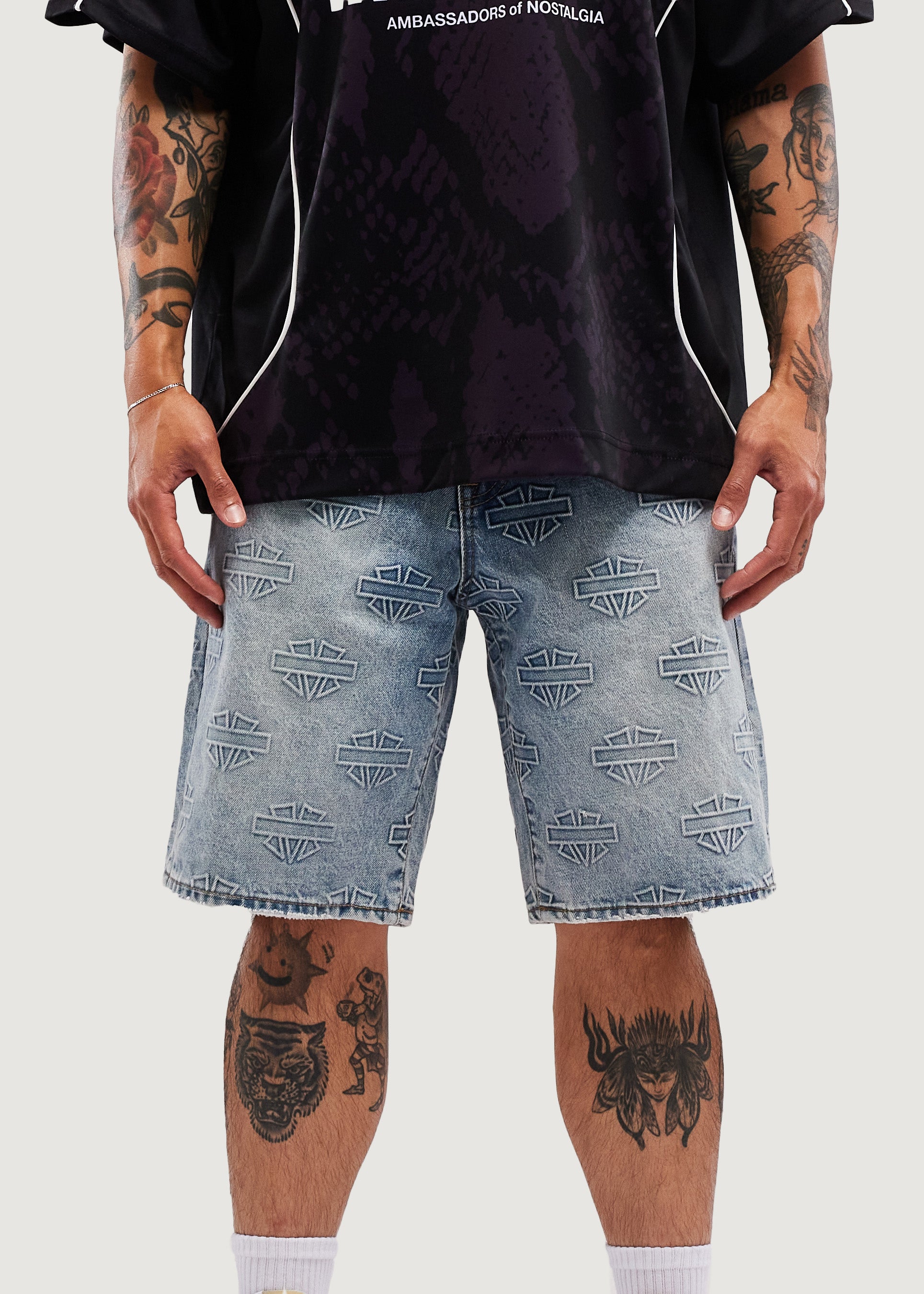 M Shield Debossed Pattern Denim Shorts (Light Blue)