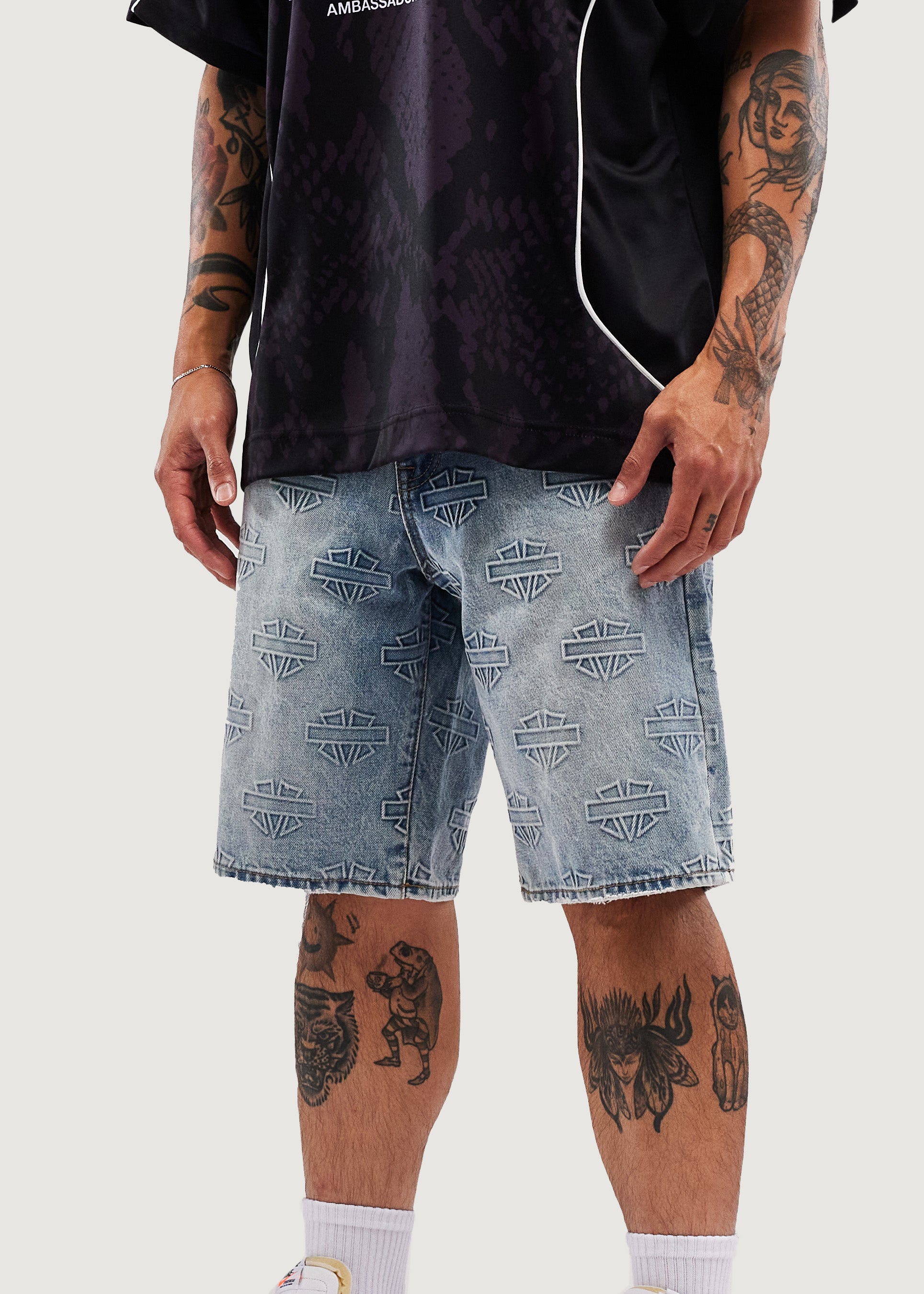 M Shield Debossed Pattern Denim Shorts (Light Blue)